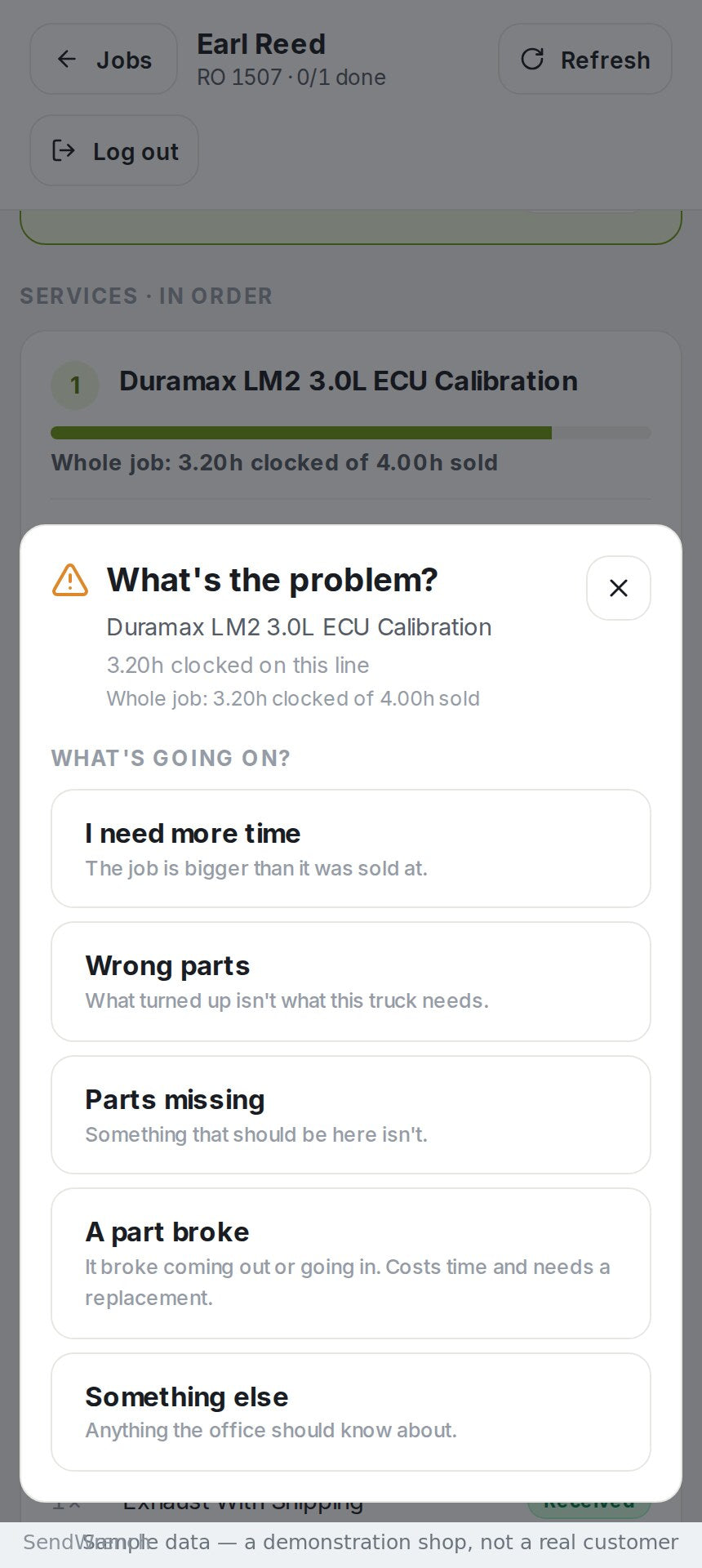 Problem sheet on the phone offering more time, wrong parts, parts missing, a part broke, or something else