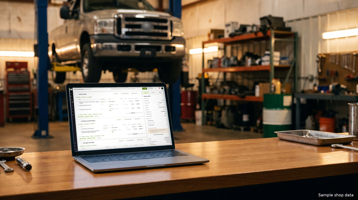 A large multi-service work order open in SendWrench on a laptop at the shop counter, truck on a lift in the background