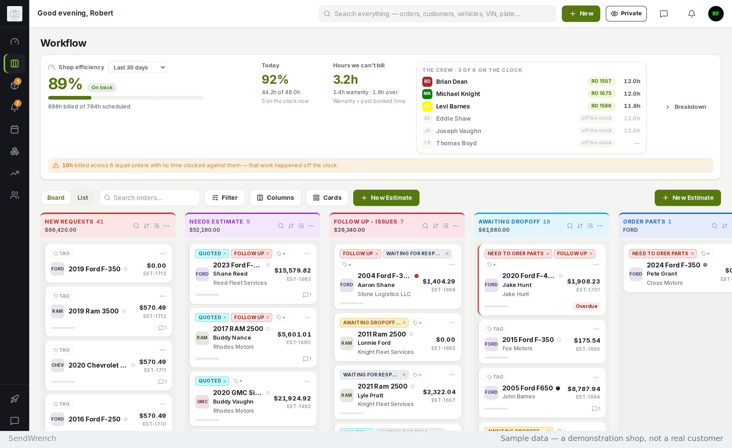 Workflow board with columns for new requests, needs estimate, follow up, awaiting dropoff and order parts